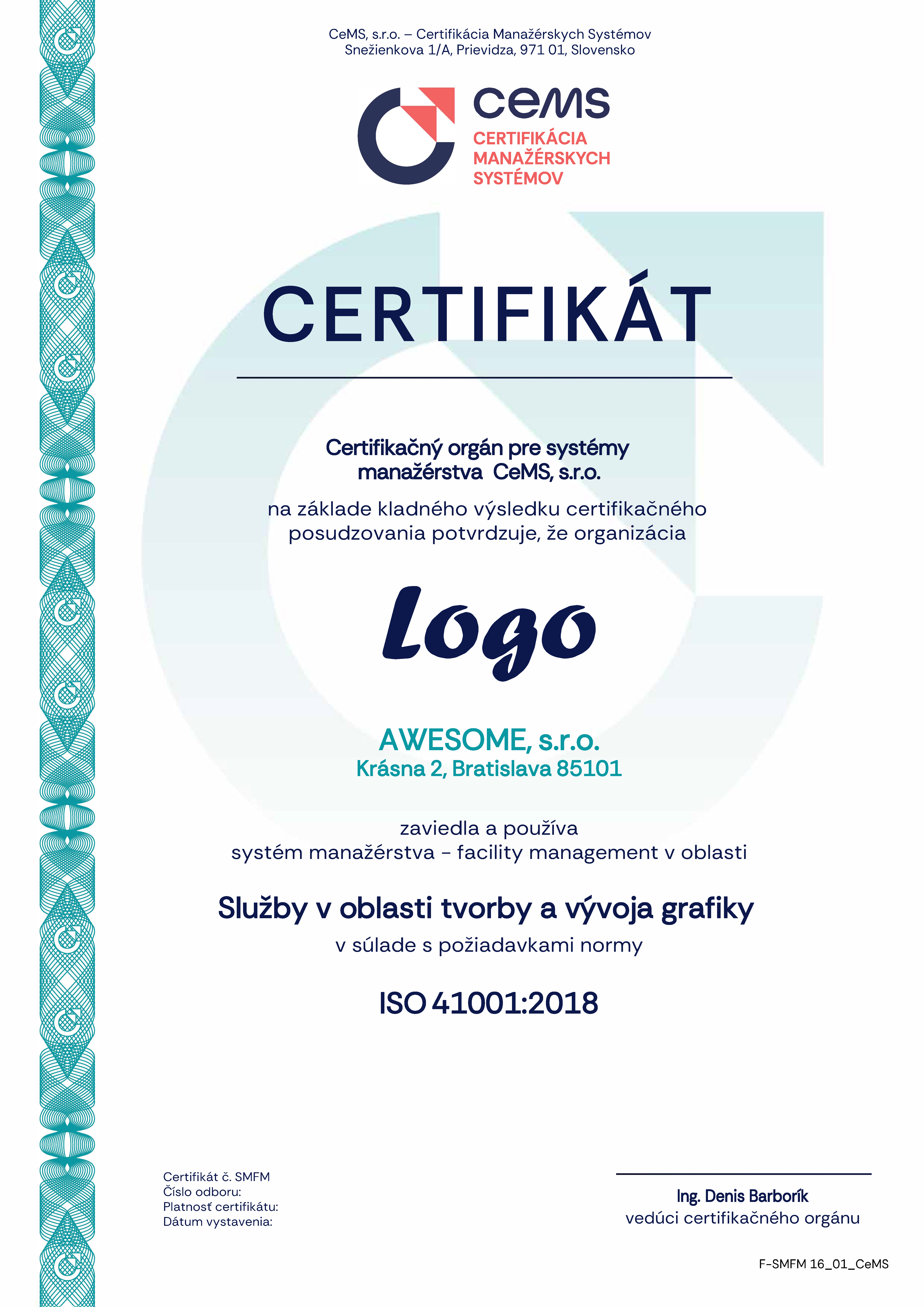 vzor certifikátu ISO 41001 od CeMS